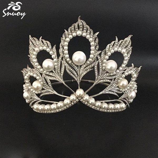 Miss Universo Coronas Plumas de pavo real Perlas Tiara redonda completa Corona de reina de belleza Grande para desfile Mujeres Joyería Accesorios para el cabello C1280x