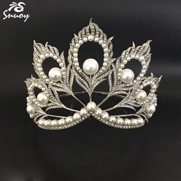 Miss Universo Coronas Plumas de pavo real Perlas Tiara redonda completa Corona de reina de belleza Grande para desfile Mujeres Joyería Accesorios para el cabello C1300C