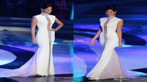 Miss Univers Pageant Robe de soirée White High Coustal Crystaux Cap Sleeve Sirène 2021 Célébrités Robes de bal de fête Forme 5550201