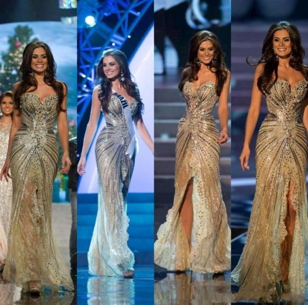 Miss Universo 2020 NUEVA ZUHAIR MURAD vestidos de noche árabe Mermaid Gold Side Slit CRISTAL COLO CON LACE TULLE VERSIDOS CARELETRADES V3787104