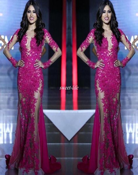 Miss Monde Pageant 2020 Robe de soirée Illusion des manches longues voir à travers les paillettes sexy en dentelle de sirène robes de bal robes de bal 6188304