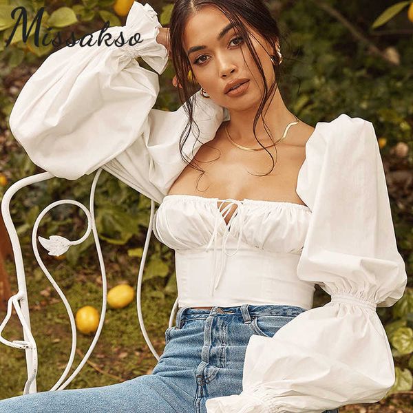 Missakso Elegant Puff Long Sleeve Tie Crop Top Streetwear Club Summer White Shirts Women Fashion Square Collar Blans 210625