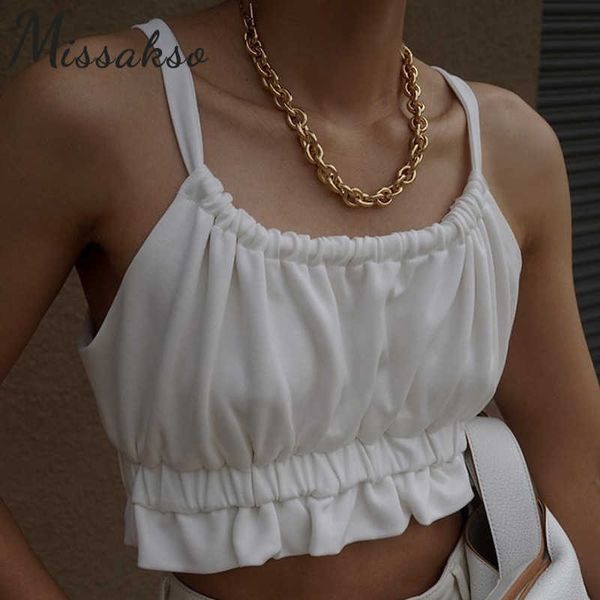 Missakso Ruffles Bandage Top corto blanco Sexy Streetwear Verano Mujer Y2K Casual Backless Spaghetti Strap Yellow Tank Tops 210625