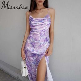 Missakso Satin Floral Print Dress High Split Summer Women Backless Sexy Spaghetti Strap Midi Dresses Streetwear Party 210625
