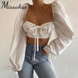 Missakso Sexy Backless Crop Top Tassel Lace Up Streetwear Manga de linterna Moda Primavera Otoño Blanco Mujeres Camisa delgada 210625