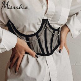 Missakso Sexy Skinny Mesh Tube Lace Up Crop Top Summer Femmes Blanc Noir Club Wrap Voir à travers Corset Débardeurs Streetwear 210625