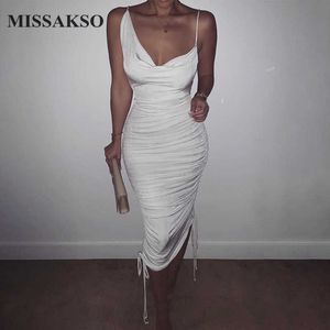 Missakso Sexy Summer Spaghetti Strap Midi Dress Ruched Drawstring Party V Neck Club Backless Women Bodycon Sheath Dresses 210625