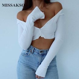 Missakso Summer Sexy Crop Top Slim Boutons à manches longues Mode Deep V Col Vacances Femmes Top Streetwear Chemise solide 210625