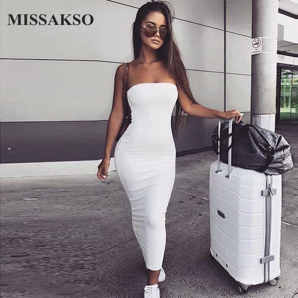 Missakso femmes Sexy sans bretelles robe mi-longue boîte de nuit élégant Slash cou noir blanc rouge fête été robes moulantes 210625