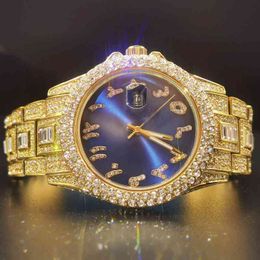 MISSFOX arabe numérique or homme montre cadran bleu luxueux diamant Quartz montre hommes en acier inoxydable Hiphop Reloj de hombre
