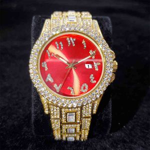 Missfox Arabische digitale rode wijzerplaat Mens Watch Diamond luxe goudhorloge man hiphop kalender staalman man horloge feest