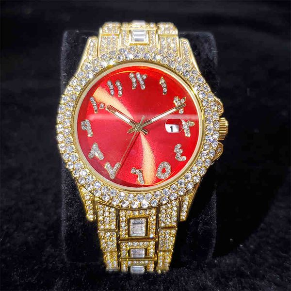 MISSFOX arabe numérique cadran rouge montre pour hommes diamant luxe or montre homme Hiphop calendrier en acier inoxydable homme montre fête