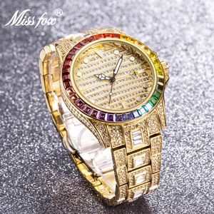 Missfox Gekleurde Diamanten Top Mannen Horloges Volledige Diamond Hip Hop Mode Mannelijke Quartz Iced Out Bling AAA Watch Date Jewelry Clocks