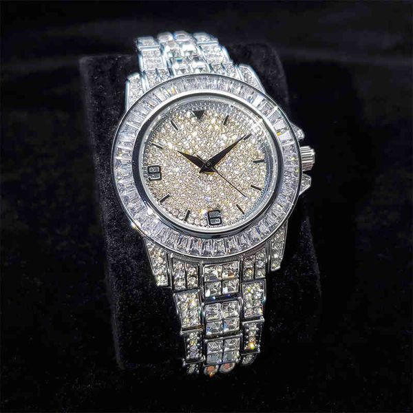 MISSFOX diamant cadran montre-bracelet hommes de luxe or blanc rond hommes montre à Quartz résistant à l'eau Blingbling montre pour homme