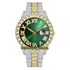 Missfox Eternity 2643-3 HIP HOP Mode Mens Horloges CZ Diamond Inlay Green Roman Dial Quartz Beweging Mannen Horloge Iced Out Out Diamonds Alloy Case Two Tone Gold Silver Strap