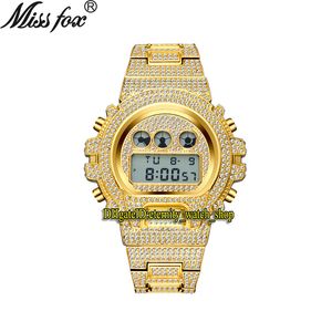 Missfox Eternity V304 Hip Hop Mens Horloges Multi-functie CZ Diamond Inlay Digitale Dial Elektronische Beweging Mannen Horloge Iced Out Out Diamonds Alloy Case Gold Strap