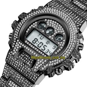 MISSFOX eternity V304 Hip hop Relojes para hombre multifunción CZ Diamond inlay Dial digital Movimiento electrónico Reloj para hombre Iced Out Diamonds Caja de aleación Pulsera negra