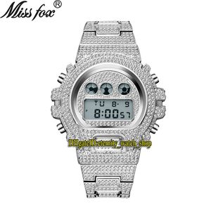 Missfox Eternity V304 Hip Hop Mens Horloges Multi-functie CZ Diamond Inlay Digital Dial Electronic Beweging Mannen Horloge Iced Out Out Diamonds Alloy Case Silvery Strap