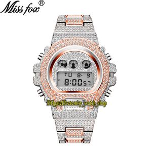 Missfox Eternity V304 Hip Hop Mens Horloges Multi-functie CZ Diamond Inlay Digital Dial Electronic Beweging Mannen Horloge Iced Out Diamonds Alloy Case Two Tone Strap