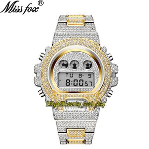 Missfox Eternity V304 Hip Hop Mens Horloges Multi-functie CZ Diamond Inlay Digital Dial Electronic Beweging Mannen Horloge Iced Out Diamonds Alloy Case Gold Silver Strap