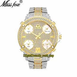 Missfox Eternity V305 HIP HOP Mode Heren Horloges 51mm CZ Diamond Inlay Multi Dial Quartz Beweging Mannen Horloge Iced Out Out Diamonds Bezel Alloy Case Gold Silvery Armband