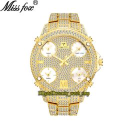 MISSFOX Eternity V305 Hip Hop Mode Montres Hommes 51MM CZ Diamant Incrustation Multi Cadran Mouvement À Quartz Hommes Montre Glacé Diamants Lunette Alliage