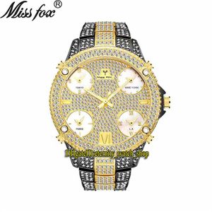 MISSFOX éternité V305 Hip hop Mode Hommes Montres 51MM CZ Diamant incrusté Multi Cadran Mouvement À Quartz Hommes Montre Glacé Diamants Be1686