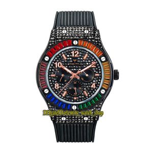 Missfox Eternity V315 2 Hiphop Mode Mens Horloges CZ Diamond Inlay Black Dial Quartz Beweging Mannen Horloge Iced Out Rainbow Diamonds Bezel Legering Case Rubberen Strap