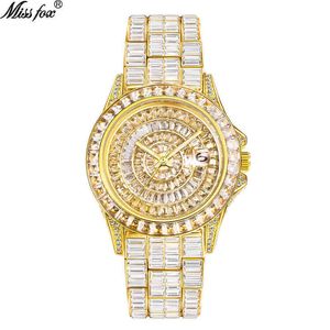 Missfox Fashion Trend Square Diamond Diamond Watch High Grade Zirkon Waterdichte kwarts herenhorloge