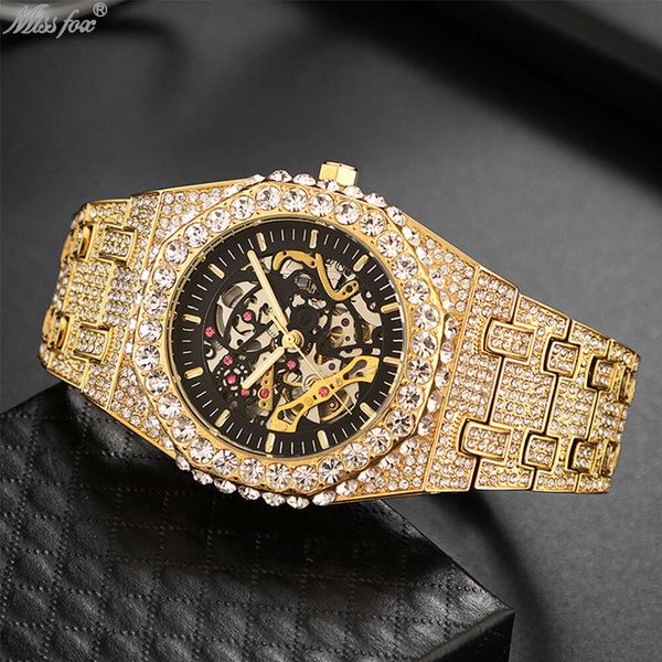 MISSFOX Full Diamond Hip Hop Party Reloj mecánico automático ahuecado para hombre con brillo nocturno