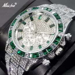 MISSFOX Groen Volledige Daimond Heren Horloges Luxe Iced Out Kalender Quartz Horloge Hip Hop Lichtgevende Waterdichte Klok Gift Mannelijke 240129