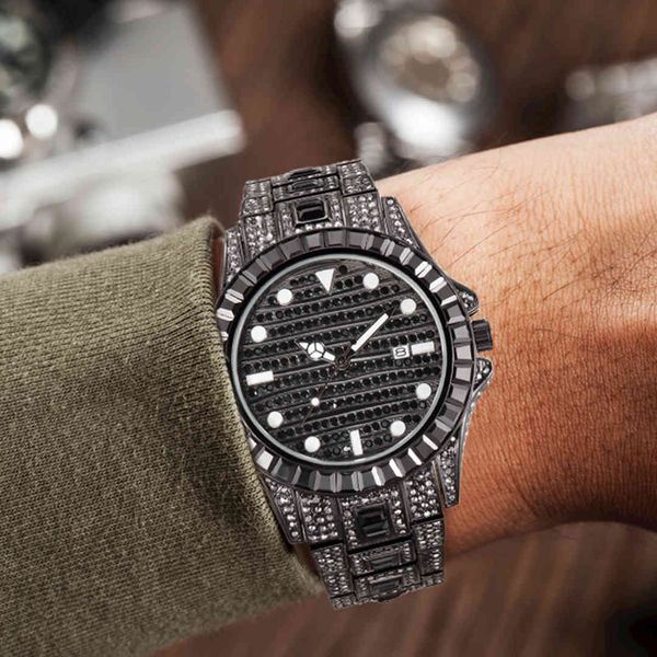 MISSFOX Hip Hop hombres negro lujo fecha AAA cuarzo muñeca es diamante acero inoxidable reloj para hombres joyería