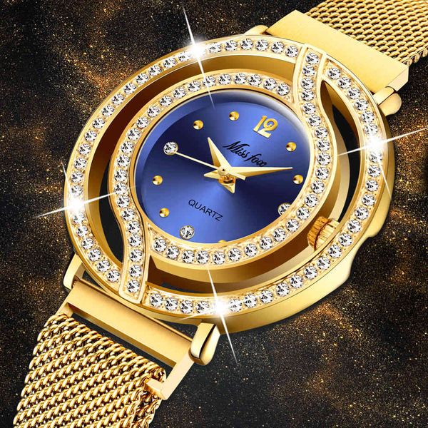MISSFOX-Reloj de pulsera magnético de lujo para mujer, resistente al agua, con diamantes, de cuarzo azul hueco, elegante, dorado
