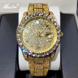 MISSFOX Heren Horloges 18K Goud Volledige Diamond Luxe Quartz Horloge Voor Man Waterdicht Hip Hop Horloge Party Jewelly drop 240102