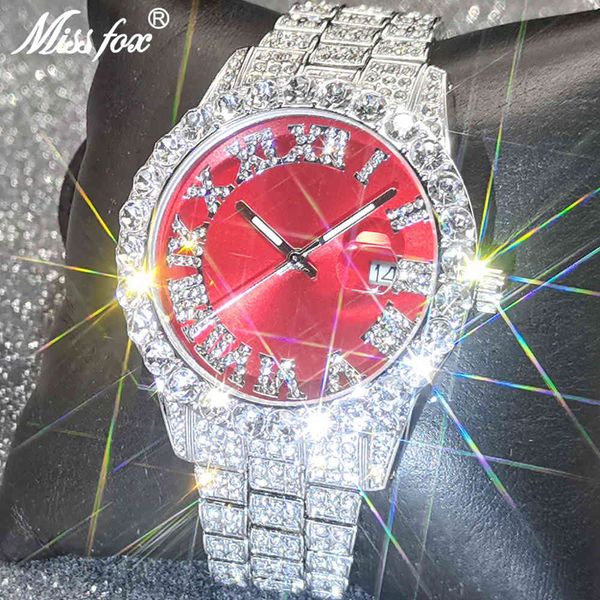 MISSFOX hommes montres haut de gamme Design de luxe Sport glacé AAA diamant Bling montre entièrement en acier inoxydable étanche horloge bijoux