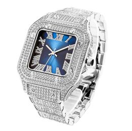 Missfox Roman Scale Trendy Hip Hop Square Dial Mens horloges glanzende luxe horloge volledige diamant nauwkeurige kwarts beweging buitengewone smaak mannelijke polshorloges