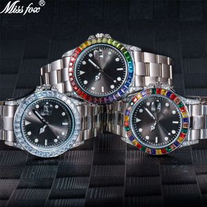 MISSFOX Swiss Lao Jia Fashion Set Reloj de hombre con brillo de acero inoxidable y diamantes coloridos