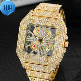 MISSFOX V324A Hip Hop Hol Vierkant Horloge Voor Mannen Volledige Diamond Gold Heren Horloges Waterdicht Quartz Polshorloge