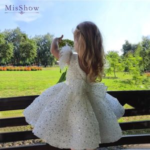 MisShow 214 ans paillettes perles robes de fille de fleur blanc enfants plume arc fête de mariage princesse robe de bal Communion enfant 240309