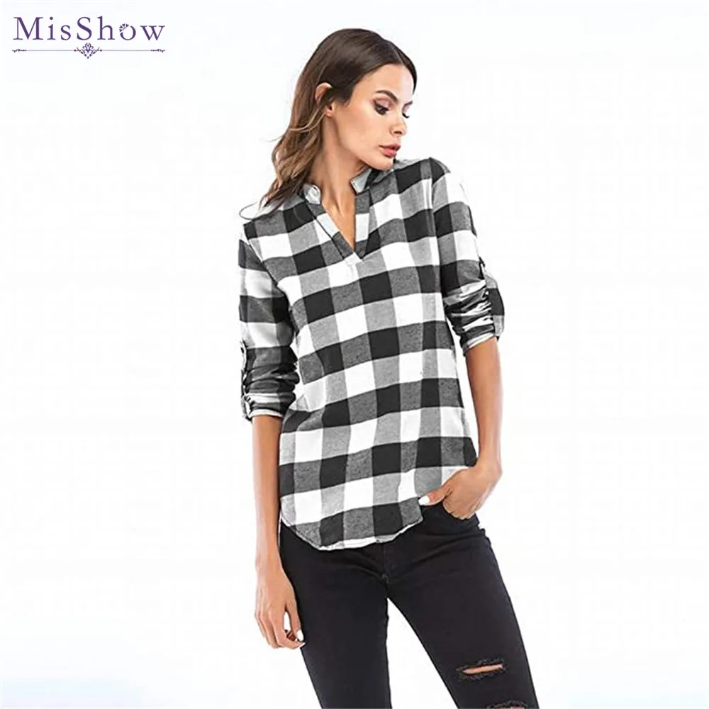 Misshow 5xl plaid shirts voor dames casual inkeping v nek blouse cuffed lange mouw pullover zacht tuniek shirt camisas strand zon tops