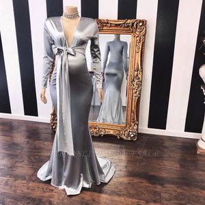 Silver Deep V Neck Lange Mouw Mermaid avondjurken Ruched Bow Tie Sweep Train Formele feest Prom jurk BC5982