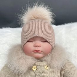 MISSJANEFUR nacido Gorros de punto Suave Cálido Angora Niños Niño Niña Gorro con pompón de piel Lindo Bebé Gorros para niños Gorros para niños Gorros 231225