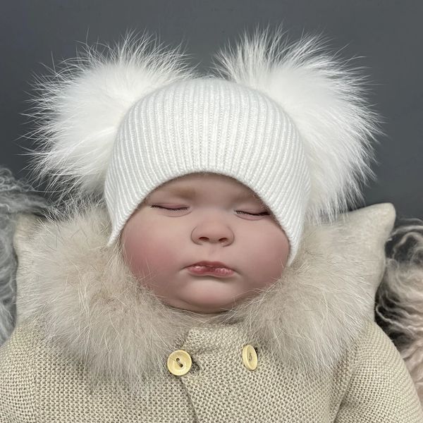 MISSJANEFUR hiver Angora tricoté chapeaux infantile bébé mignon Double Pom Beanie chapeau enfant en bas âge en gros enfant enfants casquettes chaudes 231225