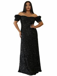 Missord Black Sequin Plus Size Avond Dr Elegante Vrouwen Off Schouder Korte Mouw A-lijn Bruiloft Prom Dres Lg Gown l87B #