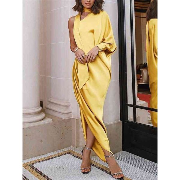 Missord Sexy col irrégulier une épaule femmes robes de soirée fendue couleur unie plissé femmes Maxi robes MQ069 210409