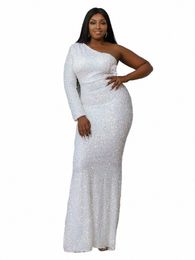 Missord Wit Pailletten Plus Size Party Dres Vrouwen Elegant Een Schouder Lg Mouw Bodyc Maxi Zeemeermin Prom Dr Avondjurk w4Te #