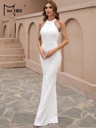 Missord White Pargin Wedding Party Jurk Elegante vrouwen Halter Mouwloze Tassel Beading bodycon prom avondjurken Lange jurk 240424