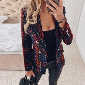 Misswim élégant tweed rouge plaid blazer femmes automne hiver double boutonnage blazer manteau femme mode bureau dames vêtements d'extérieur nouveau