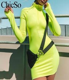 Missychilli fluorescentie groen potlood bodycon jurk vrouwen lange mouw korte neon lichtrode jurk vrouwelijke fitness club black1950439