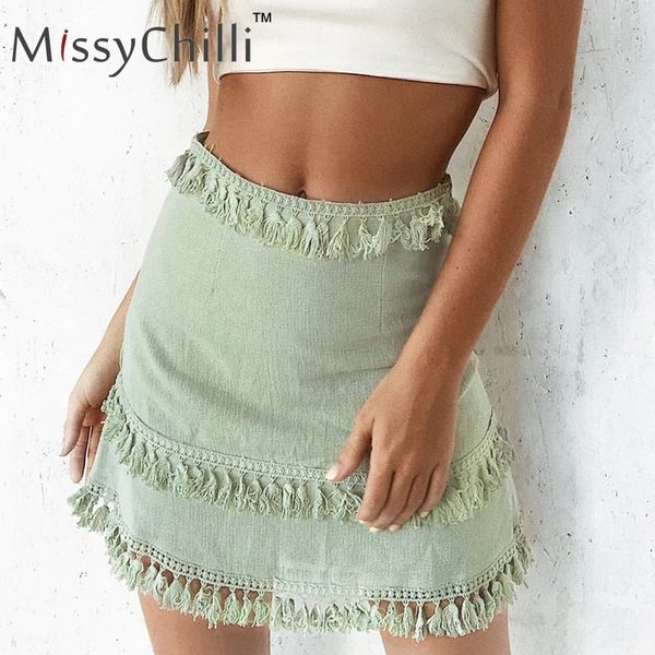 Missychilli Sexy frange été Mini femmes Boho tricot dentelle courte lin vert vacances plage noir taille haute jupe mince S916